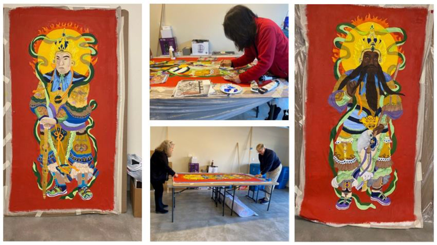 Photographs of the paintings and artists at work.